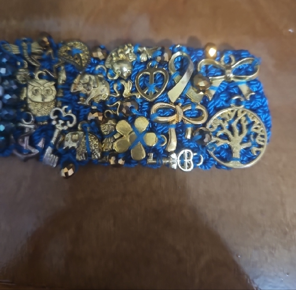 Frida Khalo Blue Crochet Charm Bracelet with Gold Accents - Picture 3 of 8